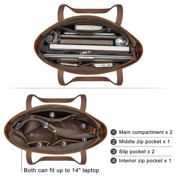 S Zone Women's Bag Large Tote Brown Laptop Crazy Horse Leather Pockets Neutral - Picture 12 of 13